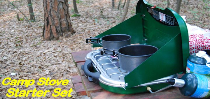 propane camp stove with pots