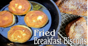 camping breakfast biscuits in cast iron skillet